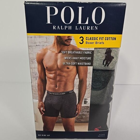 POLO RALPH LAUREN MENS SMALL CLASSIC FIT COTTON BOXER BRIEFS 3 PACK UNDERWEAR S - Picture 1 of 3